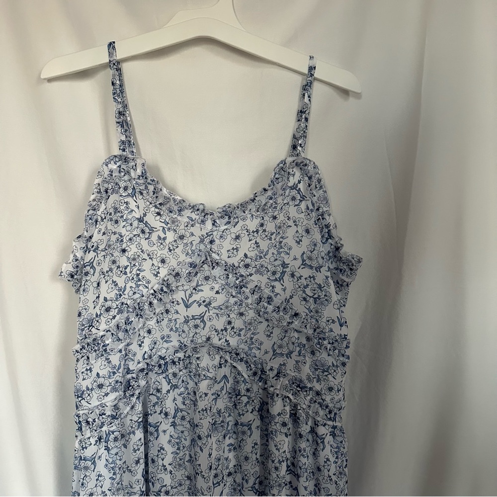No Boundaries large blue + white lined floral dress.